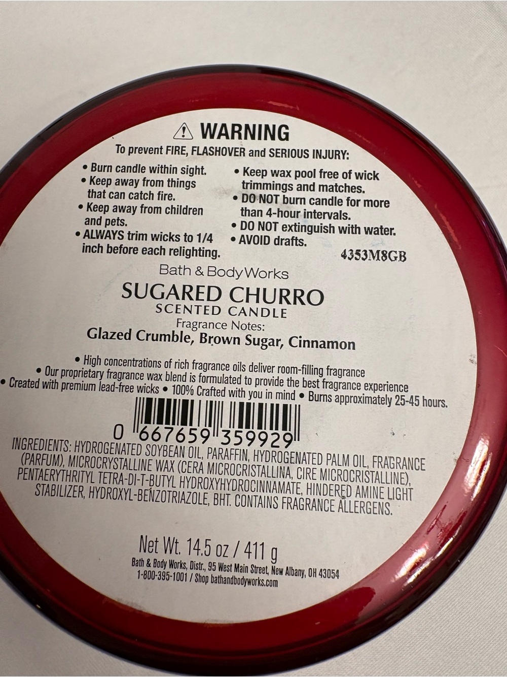 Bath & Body Works White Barn candle 14.5 oz 3 wick Sugared Churro NEW - Picture 3 of 3
